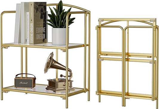 Crofy No Assembly Folding Bookshelf for Living Room, 2 Tier Gold Collapsible Book Shelf for Home Office, Portable Bookcase Storage Organizer