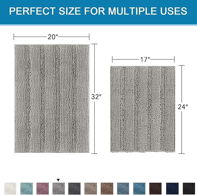 Non Slip Thick Shaggy Chenille Bathroom Rug Mat Set Extra Soft and Absorbent Striped Floor Rugs, 2 Piece, Machine-Washable