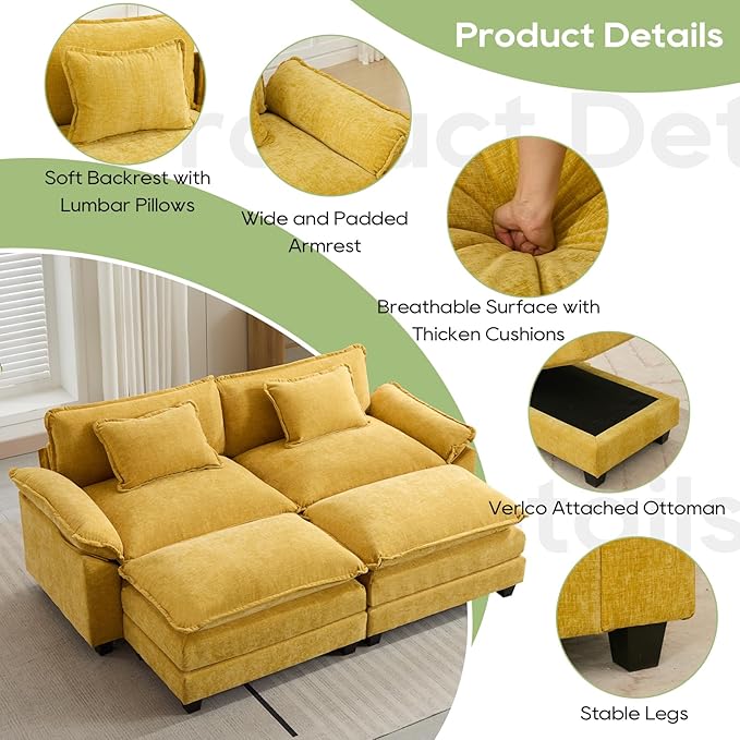 86" Modular Sectional Sofa, Comfy Cloud Couch Sectional Sofa with Ottoman, Chenille Sofa Sleeper Deep Seat Sofa with Throw Pillows for Living Room (Yellow)