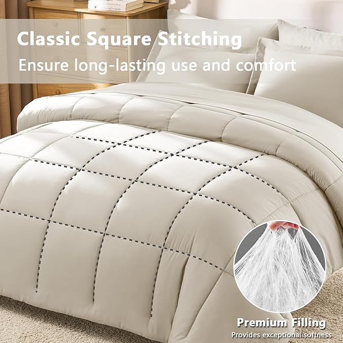 CozyLux Queen Comforter Set Oatmeal - 7 Pieces Bed in a Bag Queen, All Season Breathable Bedding Sets, Oeko-Tex Certified Bed Set with Down Alternative Comforter, Sheets, Pillowcases & Pillow Shams