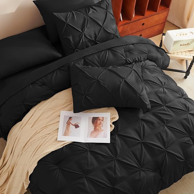 CozyLux Twin Comforter Set with Sheets Black, 5 Pieces Pintuck Bed in A Bag, Twin Bed Set Gift for Family, Pinch Pleat Bedding Set with Comforter, Sheets, Pillowcase & Sham
