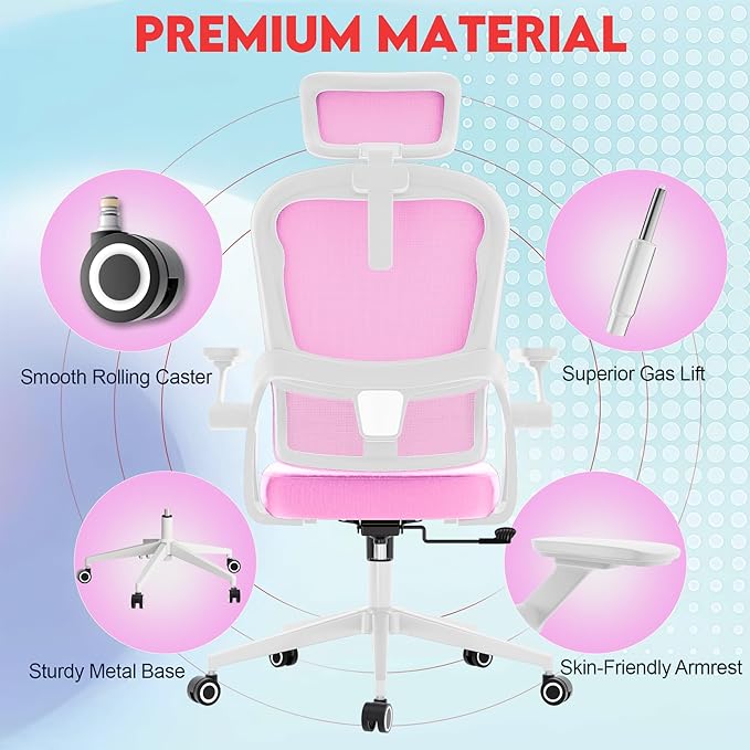 Ergonomic Office Chair - 400LB Comfy Desk Chairs with Adjustable Headrest and Lumbar Back Support, Mesh Computer Chairs with Wheels and Arms for Home Office, Study (218Pink-With Headrest)