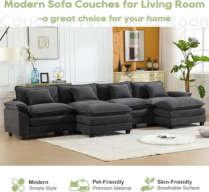 154" Modular Sectional Sofa, Comfy Cloud Couch Sectional Sofa with Ottoman, Velvet Sofa Sleeper Deep Seat Sofa with Throw Pillows for Living Room (Blue Gray, 154"- U Shape)