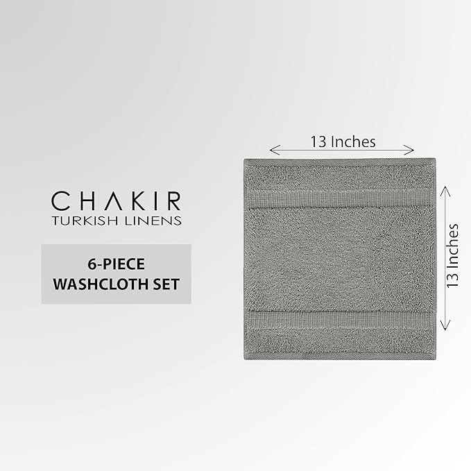 Chakir Turkish Linens 100% Cotton Premium Turkish Towels for Bathroom | 13'' x 13'' (6-Piece Washcloth, Gray)