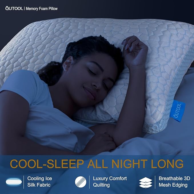 QUTOOL Enhanced Cooling Pillows Standard Size Set of 2,CertiPUR-US Shredded Memory Foam Pillows 2 Pack for Hot Sleeper,Adjustable Bed Pillow for Side,Back,Stomach Sleepers Support Yet Soft,Home Gifts