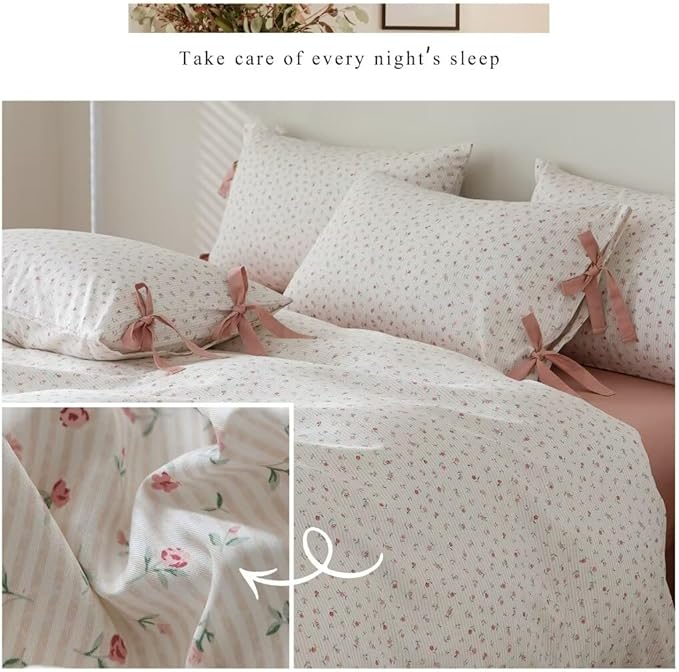MKXI White and Pink Comforter Set - Queen Size with Flowers, Pink Stripes, Garden Theme - Soft, Floral Print Comforter