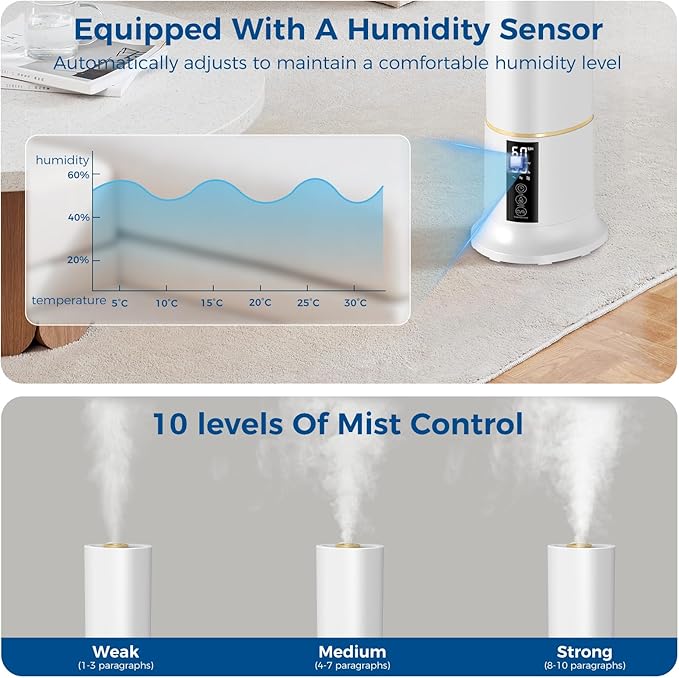 Humidifier Large Room,2.4Gal Cool Mist Humidifiers for Bedroom 9L High Capacity 24dB Quiet Air Humificador fit Removable Water Tank 360° Adjustable, Top Fill & Easy Clean with Remote Control （White）