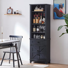 72in Tall Bookshelf 7 Tier Bookcase with Drawer and Barn Doors and Adjustable Shelves, Black Farmhouse Book Shelf with Storage Cabinet, Wood Freestanding Display Bookshelves for Living Room