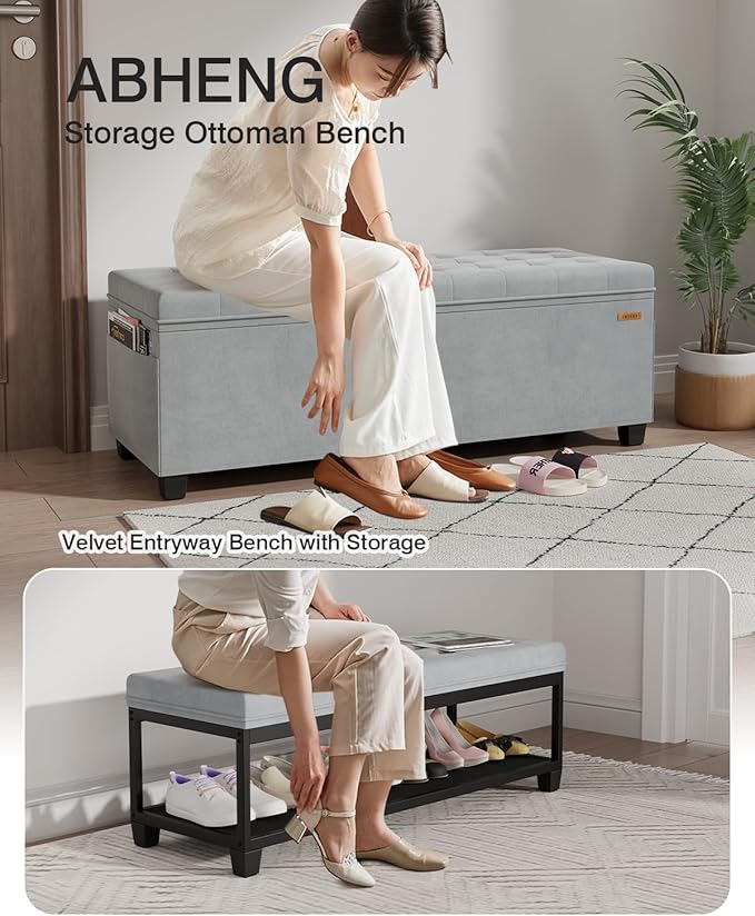 Velvet Storage Ottoman Bench, End of Bed Bench with Legs, Large Entryway Bench, Foot Rest Stool, Tea Table for Bedroom, Living Room, Loads 770 lb, 15.7"L x 43"W x 15.7"H, Dove Gray, UASND62G