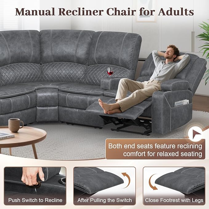 Home Theater Seating Reclining Sectional Sofa, 5 Seats Soft Dutch Velvet Recliner Corner Sectional Couch, Recliner Couch with USB Charging, Thickened Padding, Sturdy Frame, Grey