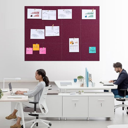 Large Bulletin Board 48" x 36" - 12 Pack Felt Wall Tiles with 60 Pcs Safe Removable Adhesive Tabs & 40 Pcs Pushpins, Cork Board for Office, School & Dart Wall Protector - Burgundy
