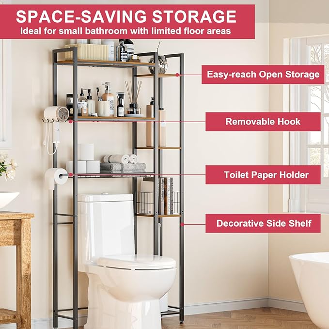 Over Toilet Bathroom Organizer, 7-Tier Study Metal Toilet Storage Shelf for Toilet Paper, Towels, Toiletries, Easy Assembly, Freestanding, Perfect for Small Space, Apartment, Dorm, Powder Room