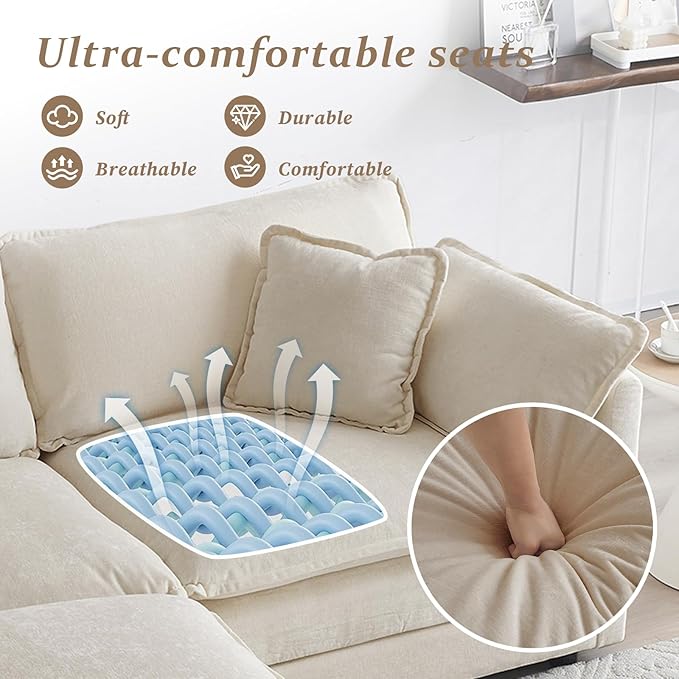 SoarFlash Chenille Sectional Sofa, Comfy L Shaped Modular Coush Sofa with Ottoman, Modern 2 Seat Couch Deep Seat Sofa Set for Living Room,Light Coffee