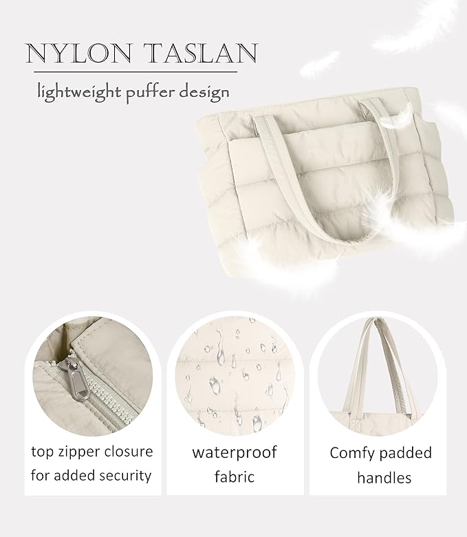 Puffer Tote Bag for Women, Cute Quilted Carryall with Zippered Compartments Shoulder Bag Handbag for Work, Travel, Gym