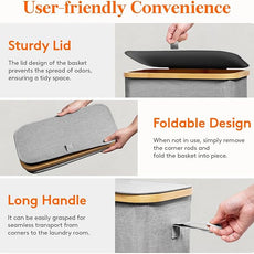 Lifewit 75L Slim Laundry Hamper with Lid, Narrow Laundry Basket with Removable Bag & Bamboo Handles, Fodable Thin Dirty Clothes Hamper for Laundry Collapsible Bin for Bathroom Bedroom Dorm, Gray