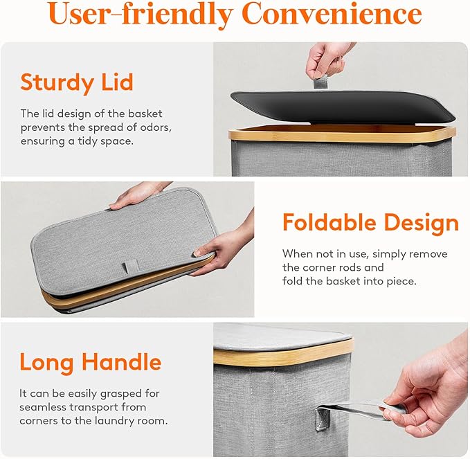 Lifewit 75L Slim Laundry Hamper with Lid, Narrow Laundry Basket with Removable Bag & Bamboo Handles, Fodable Thin Dirty Clothes Hamper for Laundry Collapsible Bin for Bathroom Bedroom Dorm, Gray