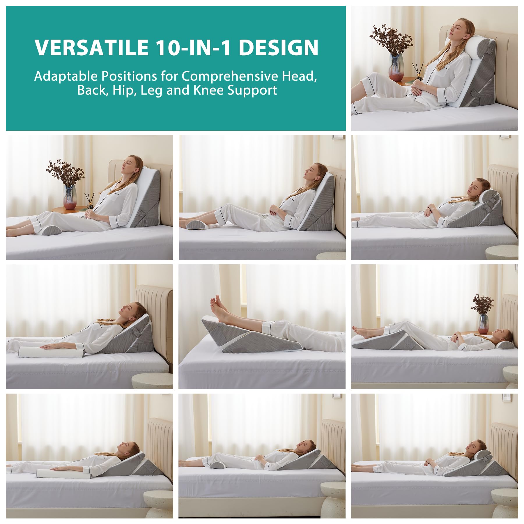 Bedluxe Wedge Pillow Headboard, 3PCS Orthopedic Bed Wedge Pillows Set for After Surgery, Adjustable Pillow Wedge for Acid Reflux&Back Pain Relief, Sleeping, Back Pillow for Bed Sitting Up, White/Grey Dormly