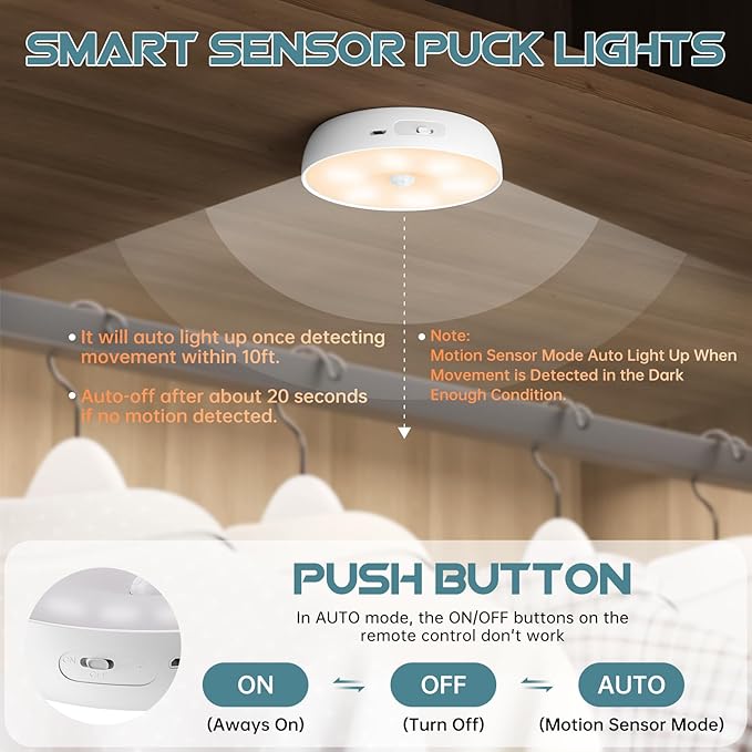 3 Colors Temperatures LED Closet Light Motion Sensor Step Light Compatible with Charging Station, USB Rechargeable Battery Operated Puck Light (1 Pack)