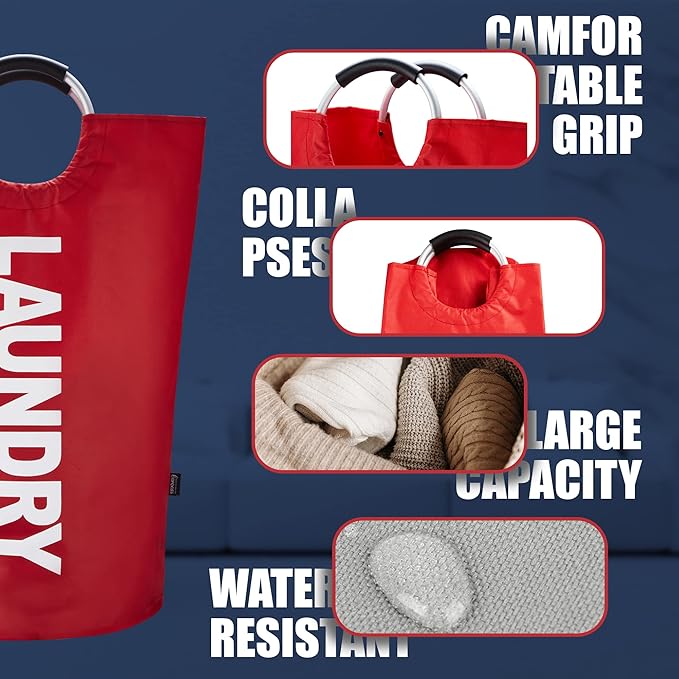 Caroeas 125L Laundry Basket,Large Laundry Hamper, Laundry Bag with Padded Handles, Clothes Hamper Stands Up Well, Collapsible Free Standing Easy Storage Washing Bin (Red,125L)