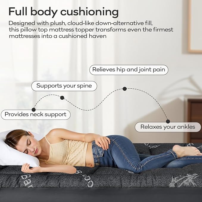 OLANLY Queen Mattress Topper – Viscose Made from Bamboo, Cooling Soft Queen Pillow Top Mattress Pad for Back Pain Relief, Plush Down Alternative Fill Bed Topper with Elastic Deep Pocket, Dark Gray