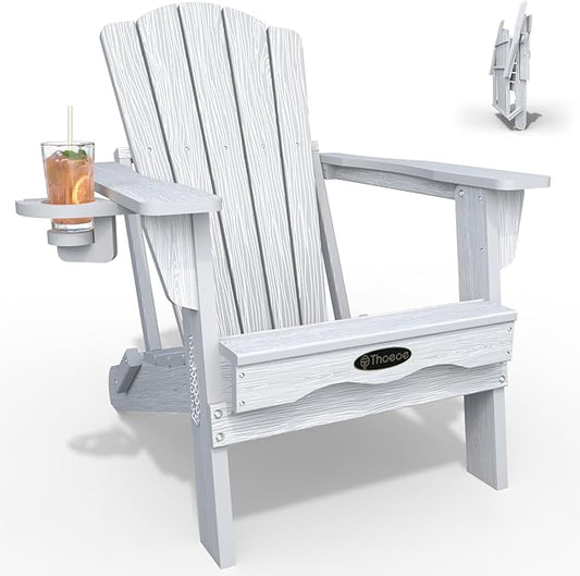 Adirondack Chair, Folding All-Weather Outdoor HDPE Patio Chair with Cup Holder, White