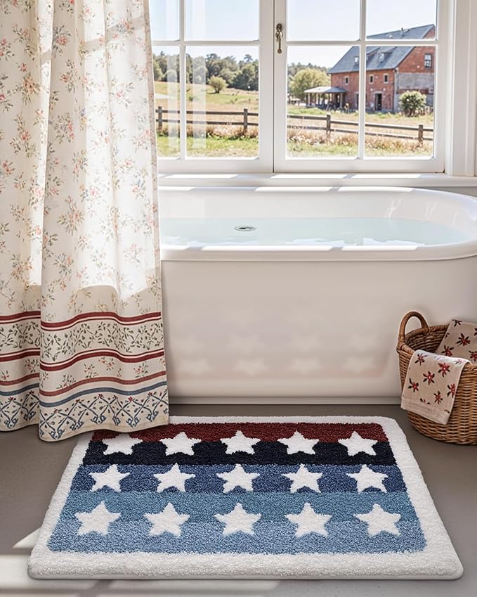 DEXI Rustic Star Bathroom Rug, 20x32 Non Slip Washable Bath Mat Absorbent, Ultra Soft Plush Microfiber Bathmat Quick Dry for Shower Floor, Tub, Sink, Colorful Stripes