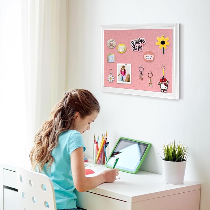 Large Pink Cork Board with Linen, 36" x 24" Hanging Wood Framed Bulletin Board, Picture Display Vision Board Corkboards for Wall Room School Office Decor, 10 Pushpins, 1 Pack