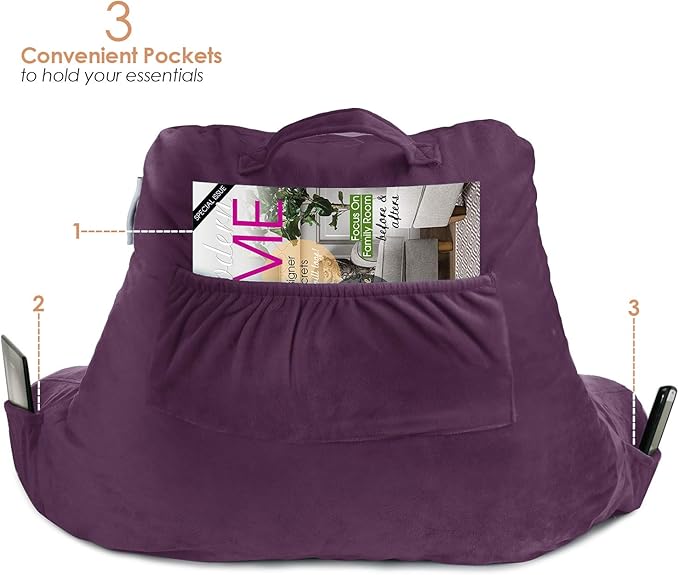 Nestl Reading Pillow with Shredded Memory Foam, Designed for Sitting Up in Bed and Couch, Back and Arms Adjustable Support for Adult & Teens Backrest Pillows for Reading, with Washable Cover Purple