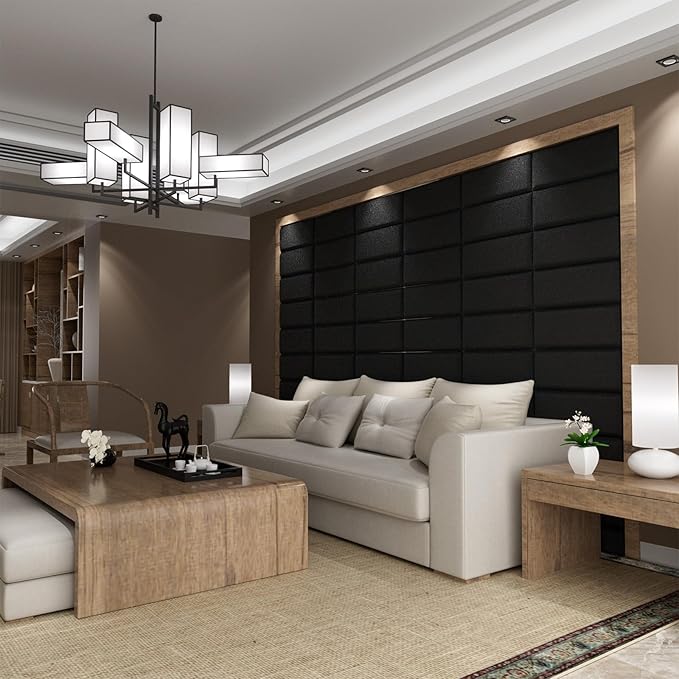 Upholstered Wall Mounted Headboard, Acoustic Panel, Peel and Stick Wall Padding, Black Dorm Towel Fabric, 4-Pack