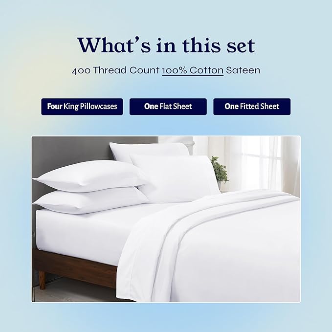 California Design Den 6 Pc King Size Sheet Set with 4 Pillowcases - Soft 400 Thread Count 100% Cotton Sheets, Sateen, Deep Pockets with All Around Elastic, Durable Bedding Set - White CaliforniaDesignDen