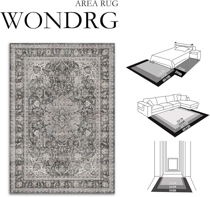 5x7 Washable Vintage Area Rug Black Grey Living Room Bedroom Carpet Non-Slip Soft Low Pile Distressed Indoor Throw Rug for Dining Room Entryway Office
