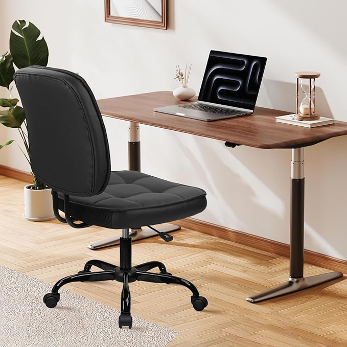 CLATINA Armless Home Office Chair with Lumbar Support and Wheels, Small PU Leather Ergonomic Low Back Desk Chairs No Arms, Adjustable Height 360° Swivel Rolling Computer Task Chair, Black, 6 Pack