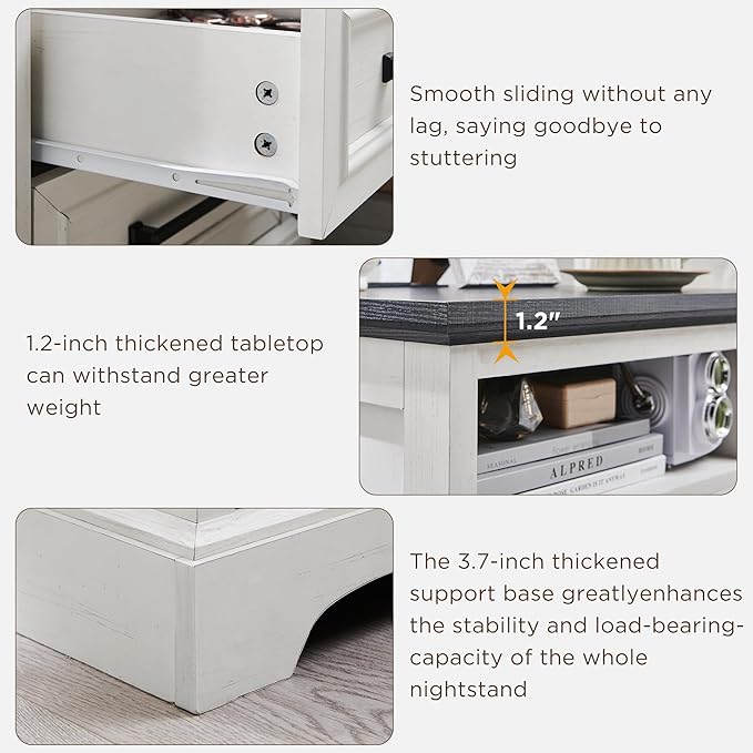 ACCOHOHO 18" Farmhouse Nightstand Set of 2 with Charging Station,End Table with 2 Drawers Storage,Side Table,Bedside Cabinet for Bedroom,Living Room, Withe