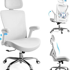 Office Home Ergonomic Desk Chair-Computer X-Shaped Chair Mesh PU Leather with Adjustable Lumbar Support-Executive Chair High Back with Headrest Flip-Up Arms for Long Hours (White)