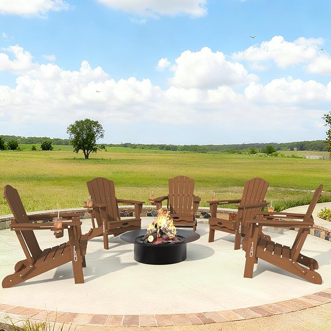 Adirondack Chair Set of 4, Folding All-Weather Outdoor HDPE Patio Chair with Cup Holder, Wood