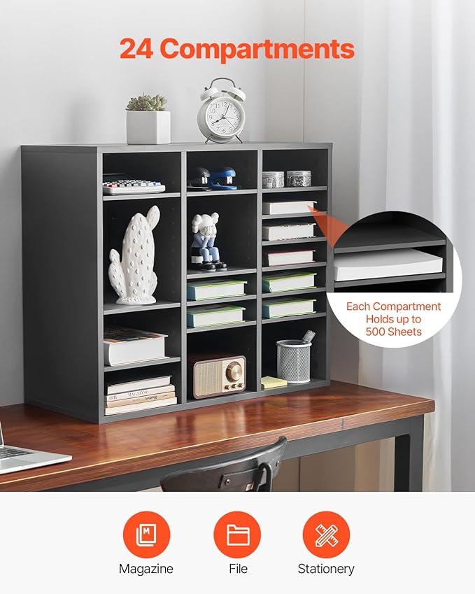 VEVOR Literature Organizer, 24 Compartments Office Mailbox with Adjustable Shelves, Wooden Mailbox Sorter Medium Density Fiberboard Office Home Classroom Storage for Files, Documents, Papers, Grey