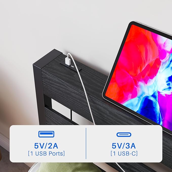 Floating Bed Frame Queen Size with USB Charging Station, LED Bed Frame with Storage Headboard, Black Metal Platform Bed Queen Size, No Box Spring Needed, Noise Free, Easy to Assemble