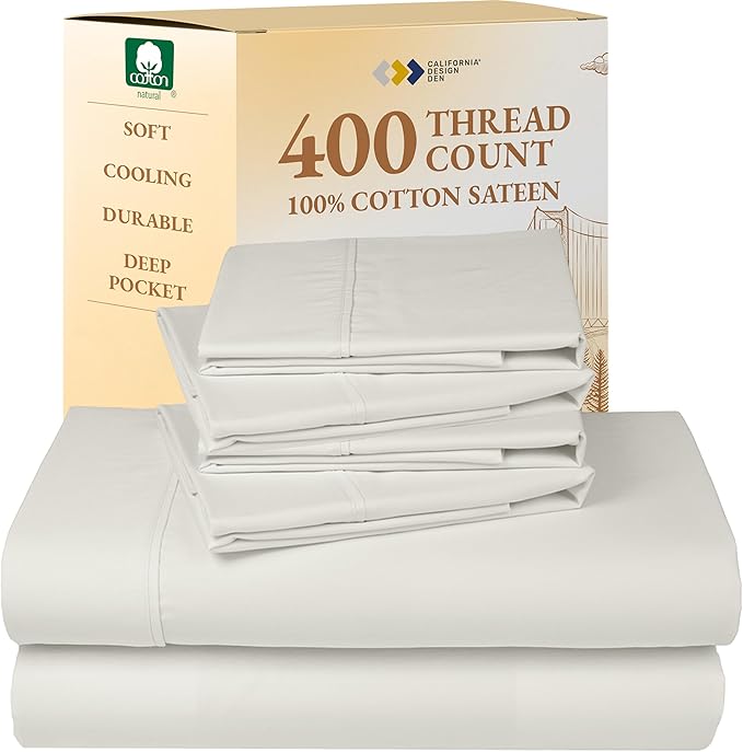 California Design Den 6-Pc Queen Size Sheet Set with 4 Pillowcases - 400 Thread Count 100% Cotton Sheets, Sateen Weave, Deep Pocket Bedsheets Set - Ivory (Pale Tone) CaliforniaDesignDen
