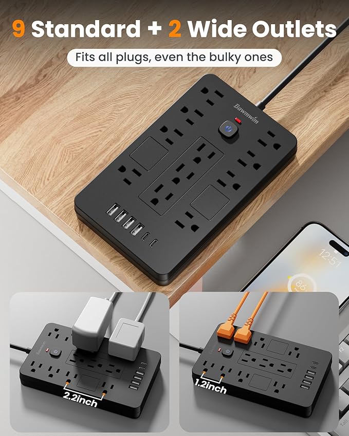 Surge Protector Power Strip - 11 Outlets(1850W/15A) with 6 USB Ports(2 USB C), 10FT Flat Plug Extension Cord, Wall Mount, Black, ETL Listed for Home, Dorm Room