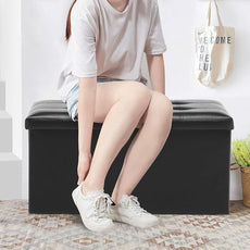 Youdesure Folding Storage Ottoman Bench, Faux Leather Footrest Couch for Living Room, 30 inch Storage Bench with Padded Seat for Bedroom Hallway, Holds up to 350lbs, Black