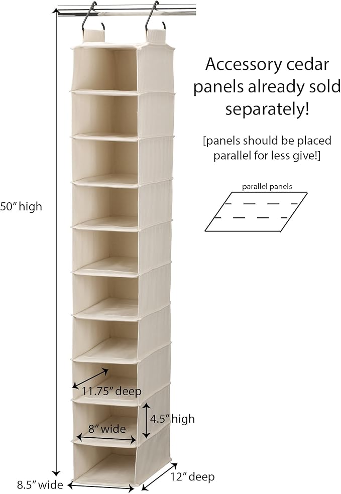 Household Essentials Hanging Shoe Organizer, 10 Wide Cubbies with Cedarline Pockets, Heavy-Duty Cotton Canvas, Removable and Industrial Hooks, Natural