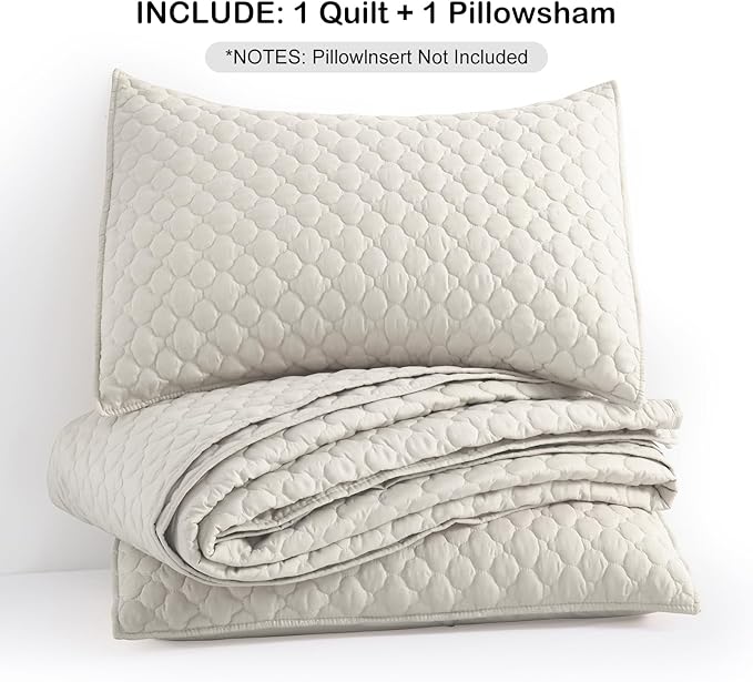 HORIMOTE HOME Quilt Set Twin Size Beige Bedspread, Modern Style Quilted Clouds Pattern Soft Coverlet Set Lightweight Microfiber Quilted Bedspread for All Season, Includes 1 Quilt and 1 Pillow Sham