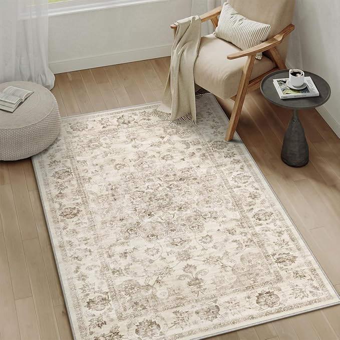 4x5 Washable Neutral Area Rug Beige Vintage Entryway Office Carpet Non-Slip Soft Low Pile Floral Indoor Throw Rug for Living Room Bathroom Dining Room