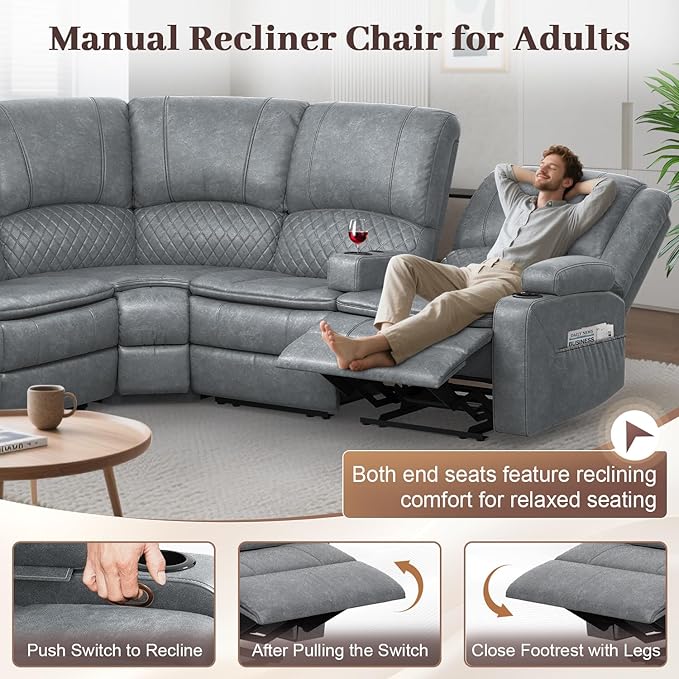 Manual Reclining Sectional Sofa Set, 6 Seats Soft Leather Recliner Corner Sectional Couch, Family-Sized L-Shaped Recliner Couch with USB Charging, Thickened Padding, Sturdy Frame, Grey