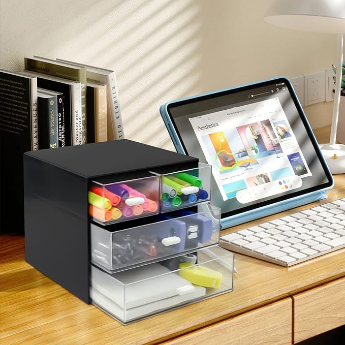 Desk Organizer with Drawer, Desk Storage Box, Plastic Office Stationery Supplies Organizers, Desktop Organizer for Office School Home (4 drawer, Black)