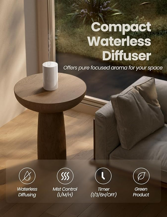 Waterless Essential Oil Diffuser, Portable Aromatherapy Diffuser with 20mL Capacity, Battery Operated Mini Scent Diffuser,3 Mist Levels & Timers, Leak-Free, for Home, Car, Office (White)