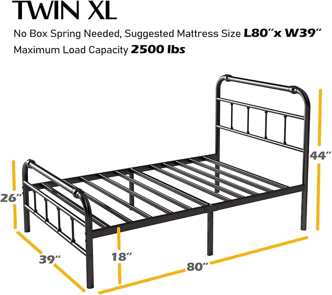 Twin XL Bed Frame with Headboard and Footboard, 18 Inches High, 3500 Pounds Heavy Duty Metal Slats Support for Mattress, No Box Spring Needed,Noise-Free, Black