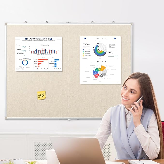 DOLLAR BOSS Foldable Linen Board, 60 x 40 Inch Corkboard, Large Bulletin Board, Portable Double Sided Aluminum Frame Wall Mounted Pin Board for Office School Dorm Supplies with 20 Push Pins, White