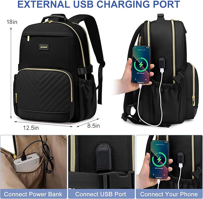 Laptop Backpack for Women Bookbag: 17 inch Work School Backpacks with Pouch Pocket for Large Capacity Cup & USB Charger College Book Bag Travel Business Nurse Teacher Bookbags Anti-theft Back Pack