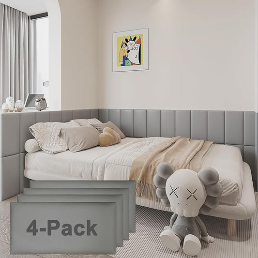 3D Anti-Collision Wall Padding for Kids Self-Adhesive 4PCS Grey headboard Panels for Wall Peel and Stick headboard